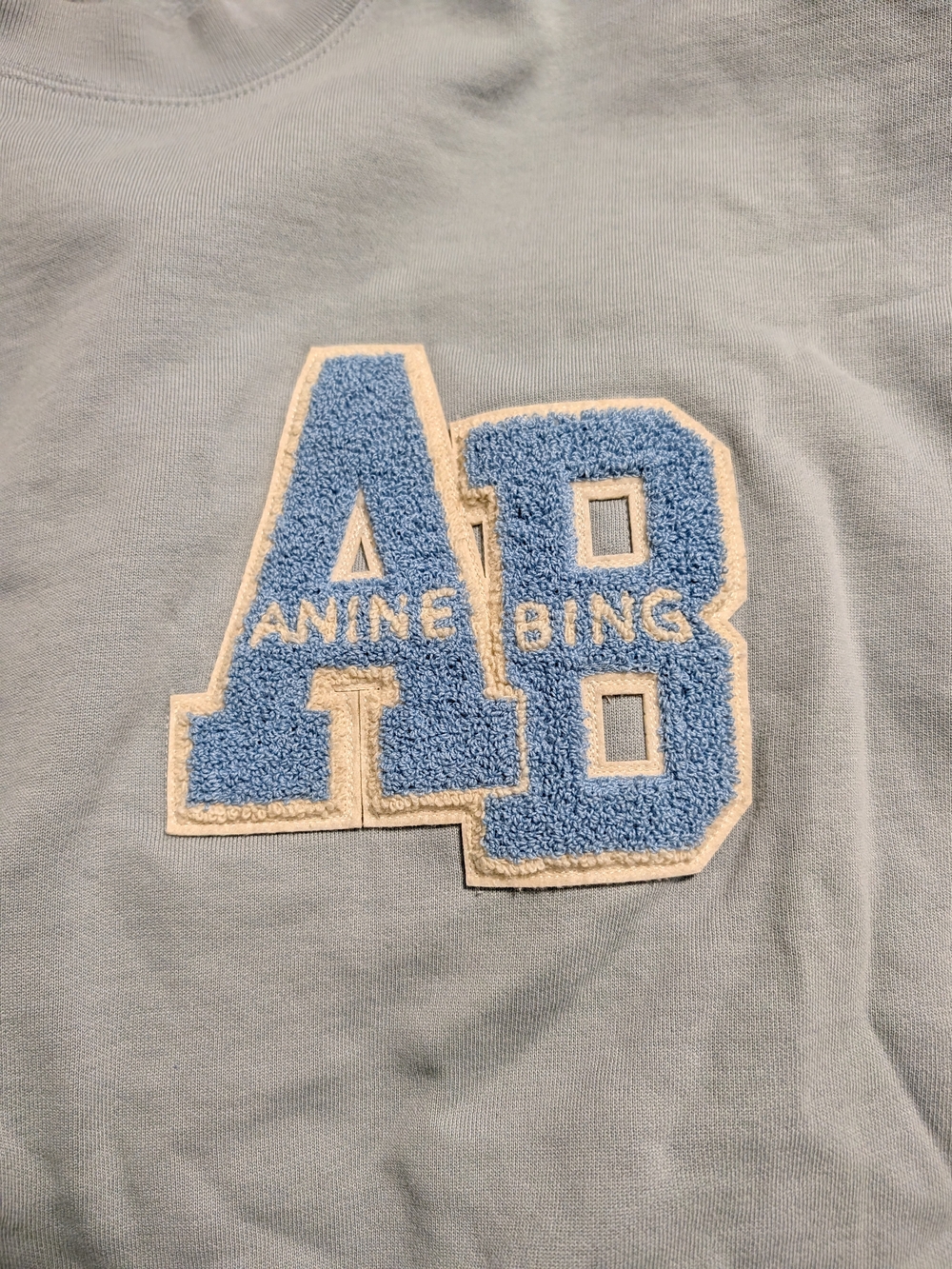 Anine Bing Pale Blue Crewneck with White-Trim Chenille 'AB' Logo